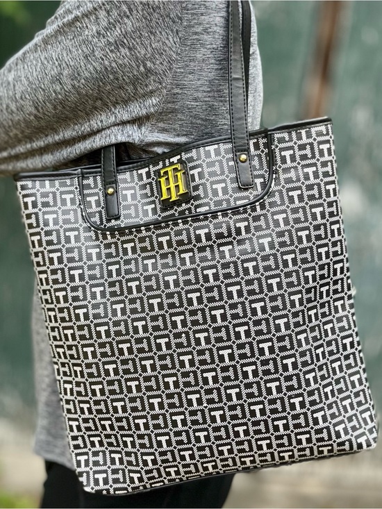 Tommy Hilfiger Handbags - Tommy Hilfiger Black & White Logo Print Shoulder Bag Tote with Wristlet Vegan